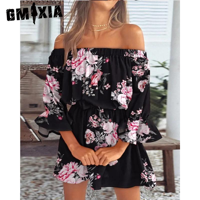 GMXIA Женская мода лето весна однотонный принт рукава 1/2 одно плечо высокая талия повседневные платья