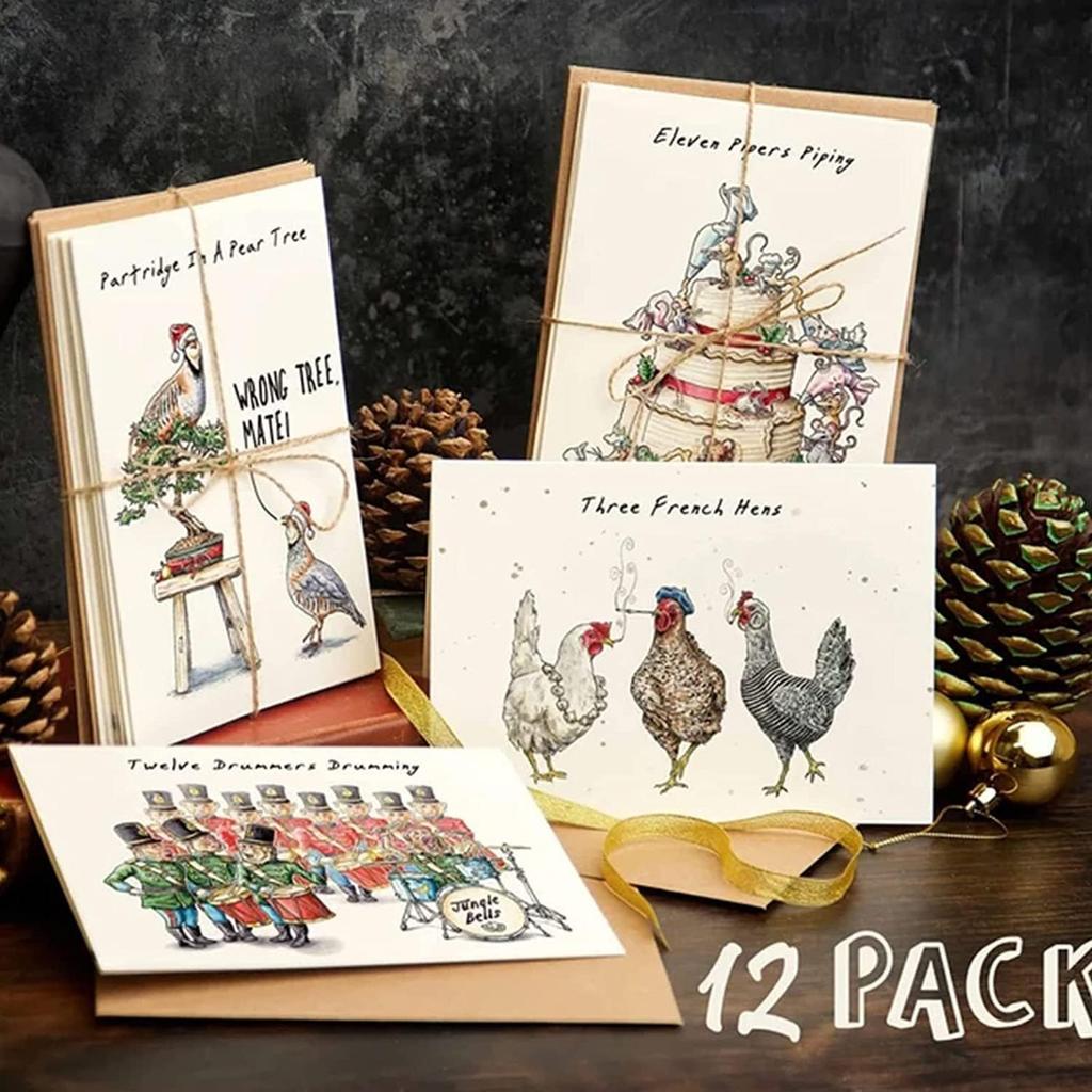 Twelve Days Of Christmas Card Set,12 Pcs Quirky Funny Christmas Cards Card With Your Custom Message And Envelopes, Christmas Countdown Gift Card Set