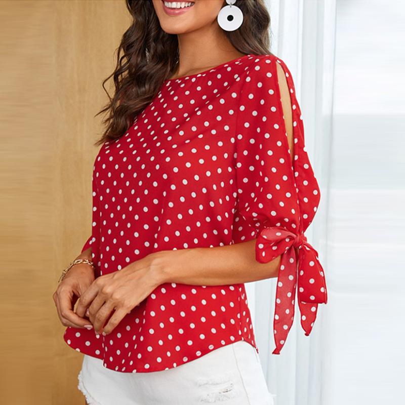 ZANZEA Женская летняя блузка с круглым вырезом и половиной рукавов с принтом в горошек