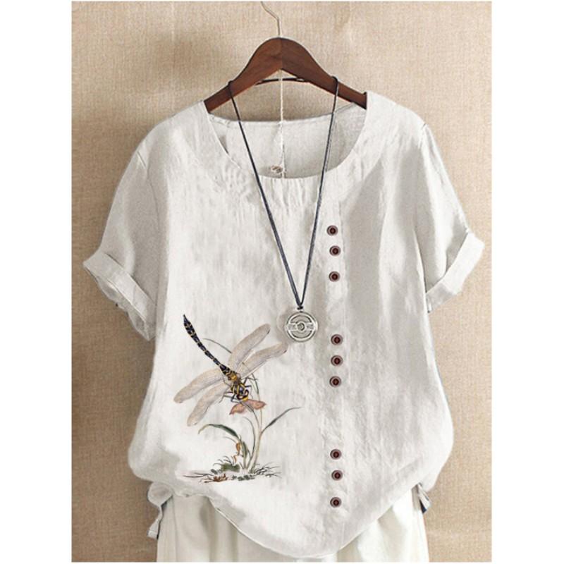 Women's Summer Comfortable Casual Round Neck Pullover Printed T-shirt Big Yards Cotton and Linen Loose Short-sleeved Tops