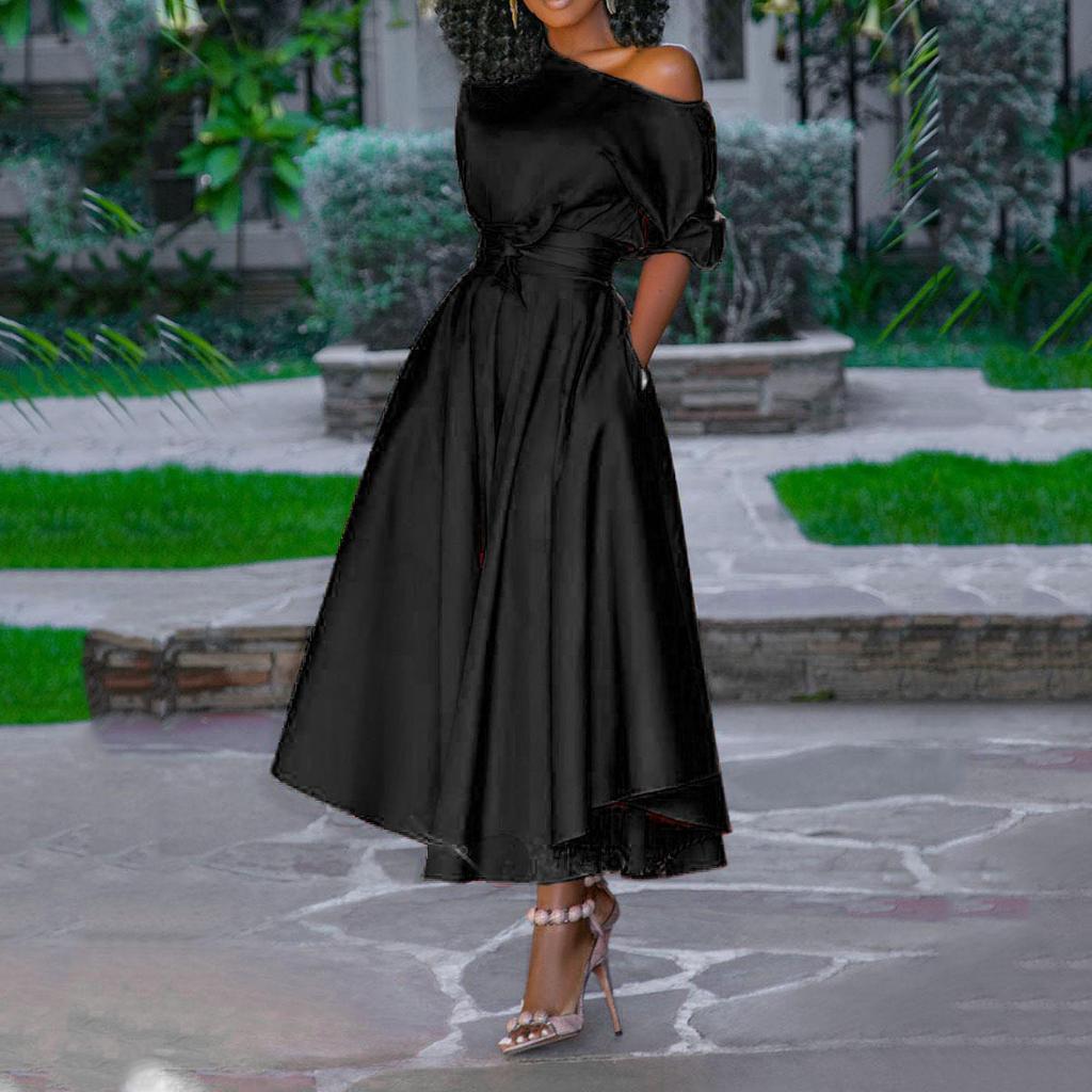 Летняя новинка, европейская и американская женская одежда, одно плечо, шнуровка на талии, платье средней длины, юбка средней длины