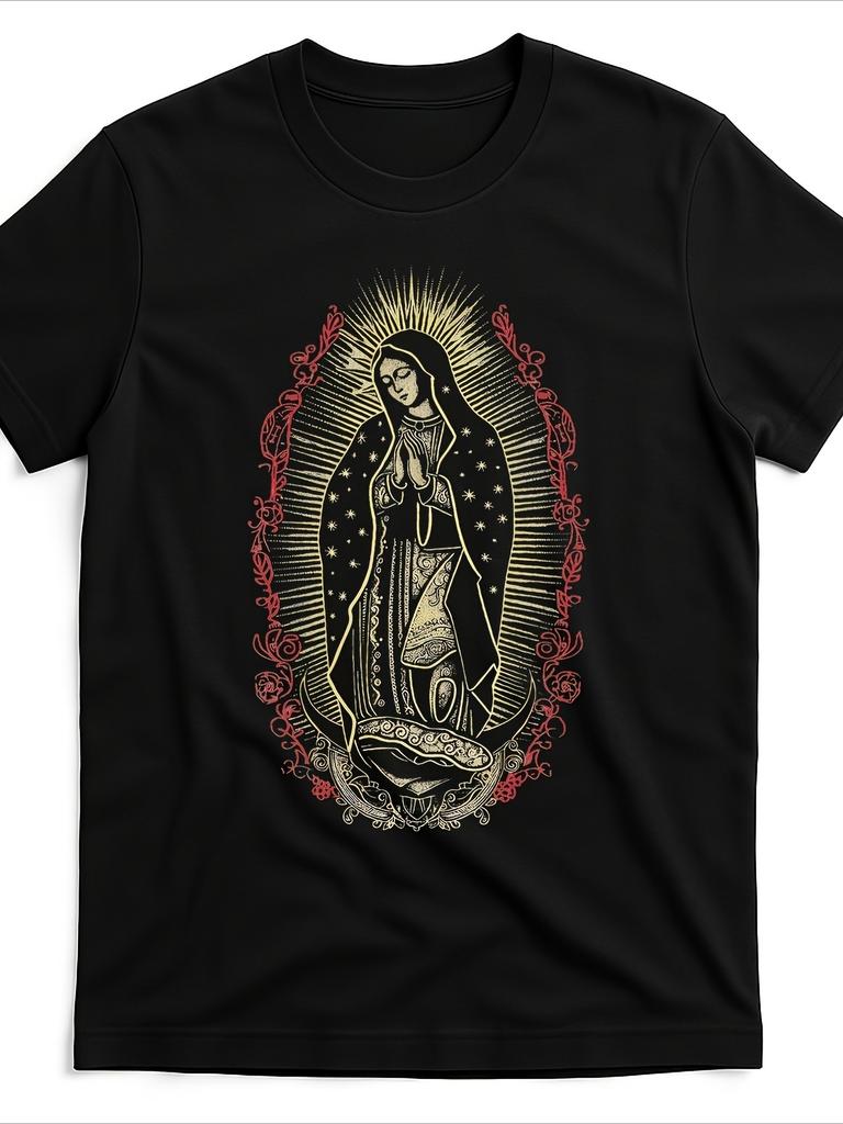 Local Unisexs Retro Classic Short Sleeve TShirt Mexican Catholic Faith Lady Guadalupe Religious Art Graphic Tee Glossy Finish