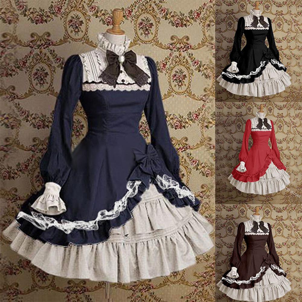 Lady Women Lace Long Sleeve Bowtie Cosplay Costumes Party Dress with Bow Gothic