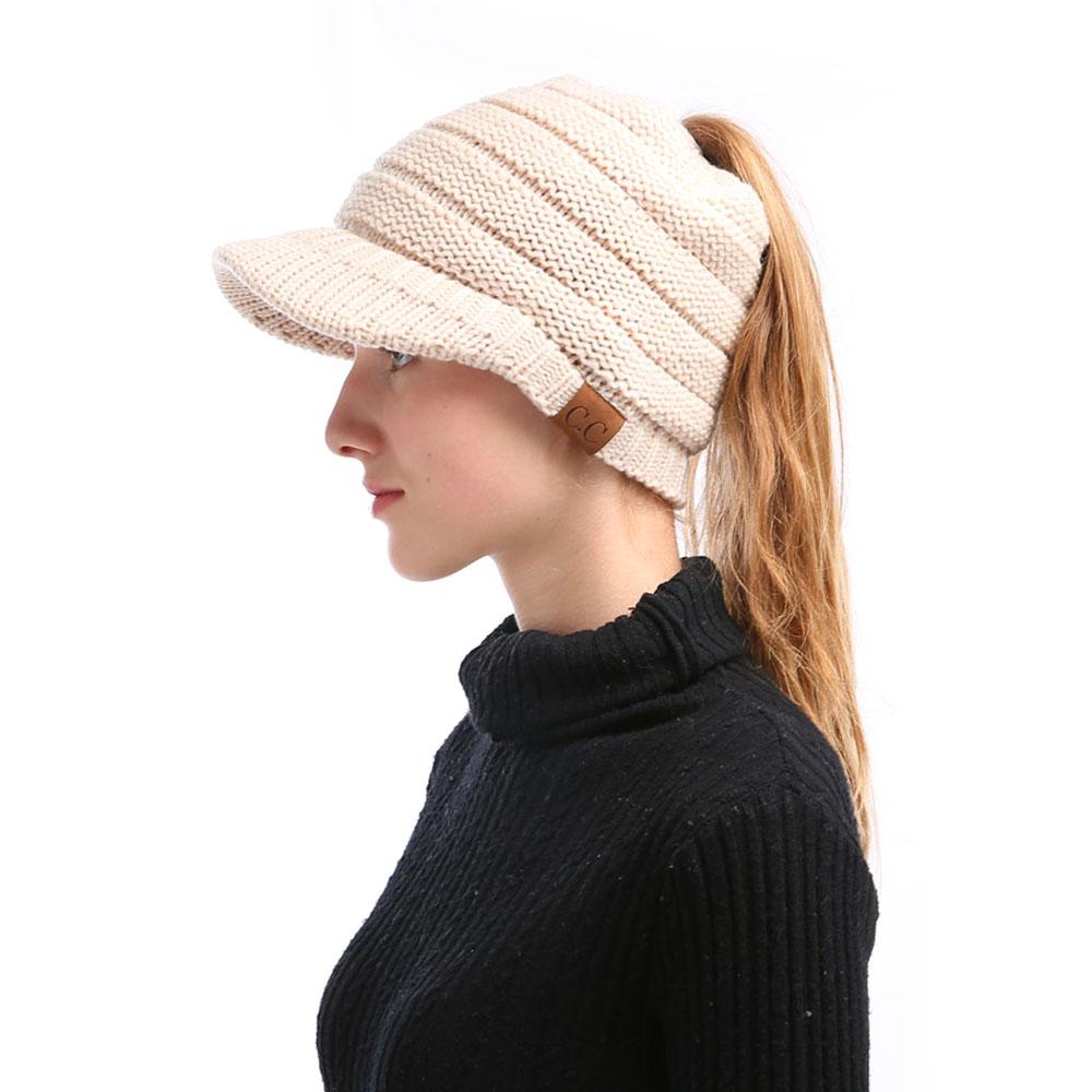 Winter Women Girl Soft Warm Knitted Thicken Hat Ponytail Beanie Caps with Visor Outdoor Snow Ski Sports Cap