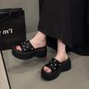 Summer New Temperament Rhinestone Square Head Open-toed Thick-soled Cool Slippers Women Wear Height-increasing Casual Shoes