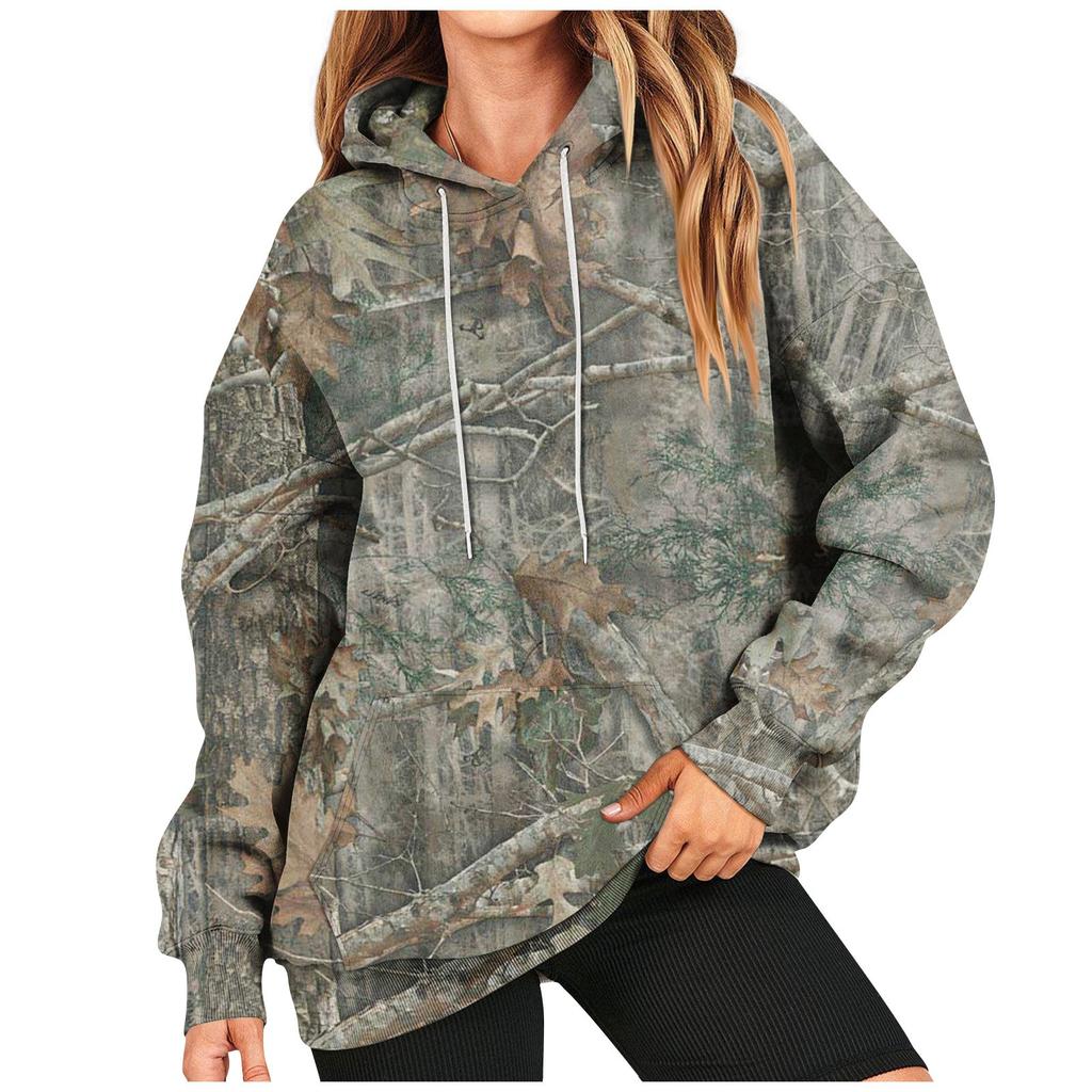 Women's Oversized Camouflage Hoodie Hooded Sweatshirt Casual Long Sleeved Pullover Loose Autumn Outfit