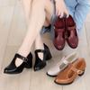 2025 лето мягкая кожа нескользящие средний каблук Т-образная пряжка кожаные туфли высокий каблук круглый носок толстый каблук для женщин среднего возраста одинарные туфли