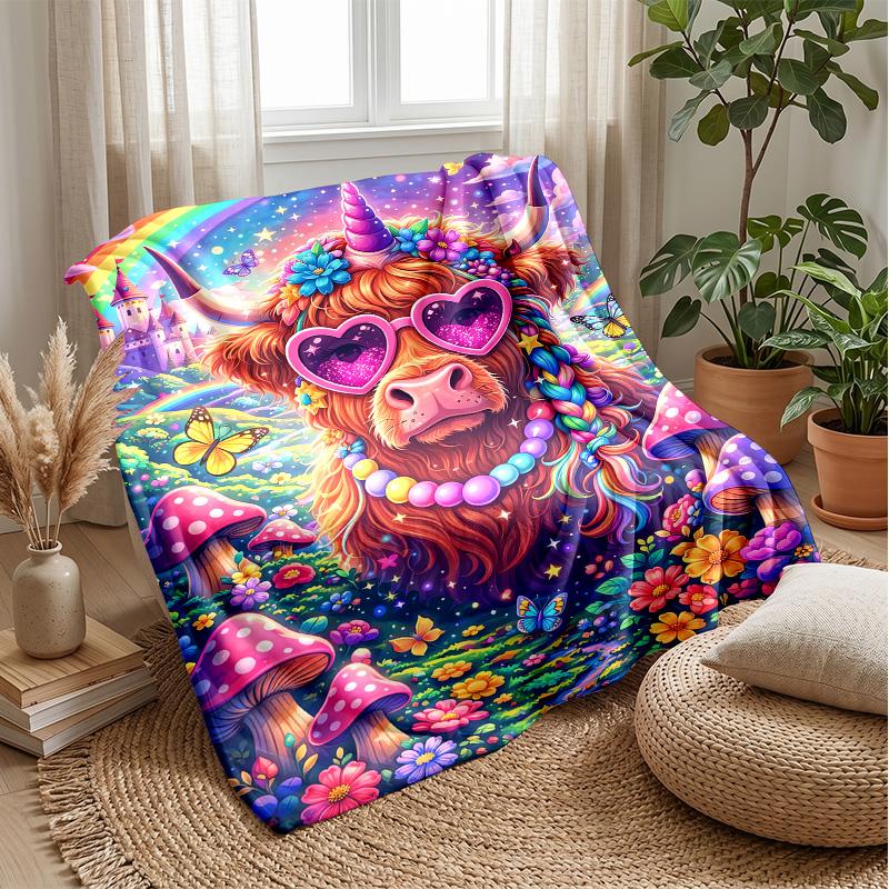 Fairy Highland Cow with Rainbow Theme blanket Lightweight Warm Flannel Blanket Decorative Throw Blanket for Home Decoration