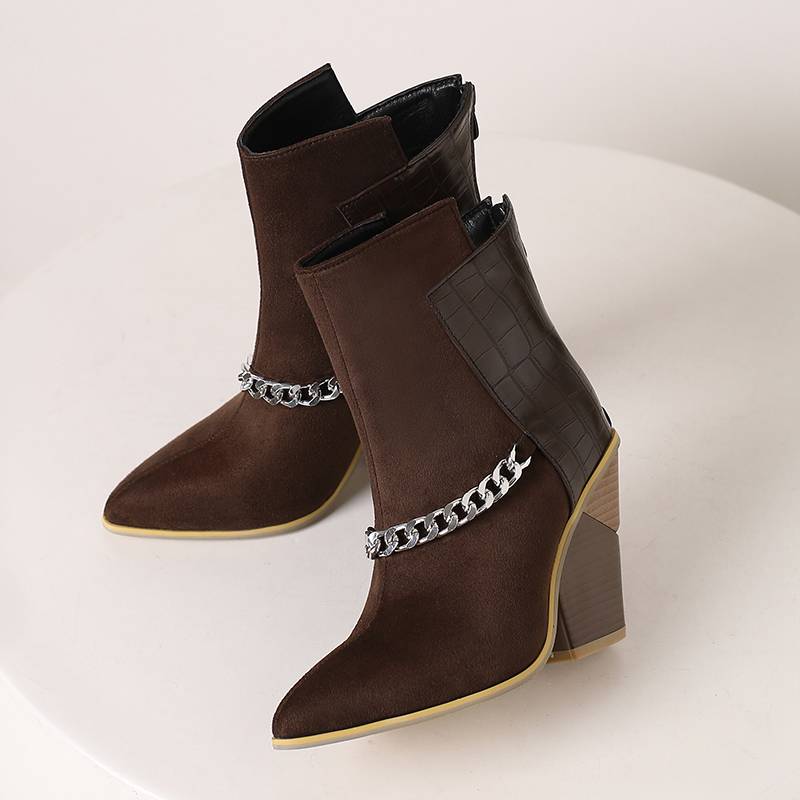 Krazing Pot Polyurethane Autumn Winter Shoes 47 Size 48 Super Size Wedges Pointed Toe Metal Chains Mid-calf Boots