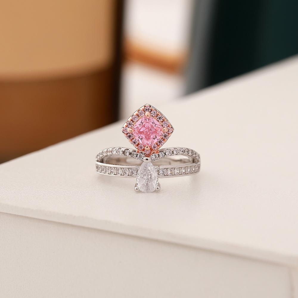 Zircon ring pink diamond yellow diamond color ring square jewelry European and American high carbon diamond ring