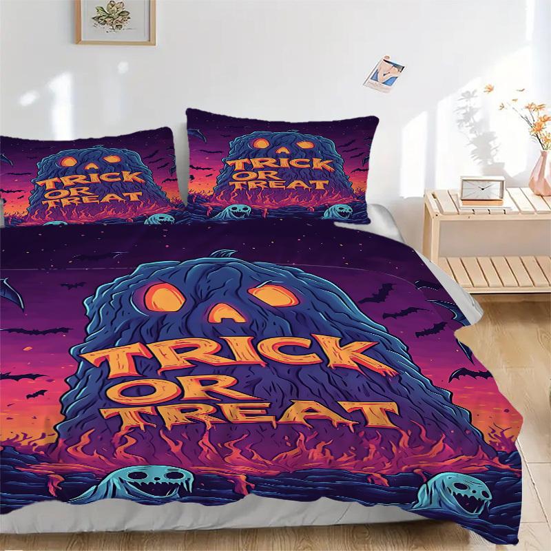 3PCs Trick-or-treat, Halloween Design Cover Set, Breathable Fabric, Machine Washable (1 Duvet Cover + 2 Pillowcases) (Without Quilt) yy250911128