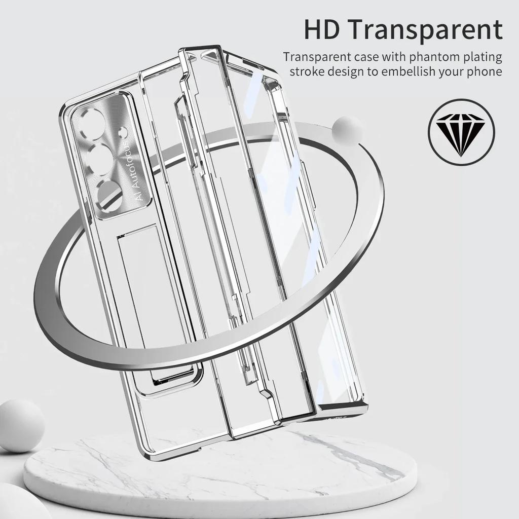 For Samsung Galaxy Z Fold 7 6Case Clear Electroplated Metal Lens Holder with Folding Hinge Tempered Film Optional Touch Pen Slot