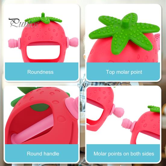 Игрушка для прорезывания зубов у детей от 0 до 24 месяцев. Облегчает боль в деснах с помощью прорезывателя в форме клубники. Пищевой силикон. Легко моется. Игрушка-поезд для облегчения прорезывания зубов.