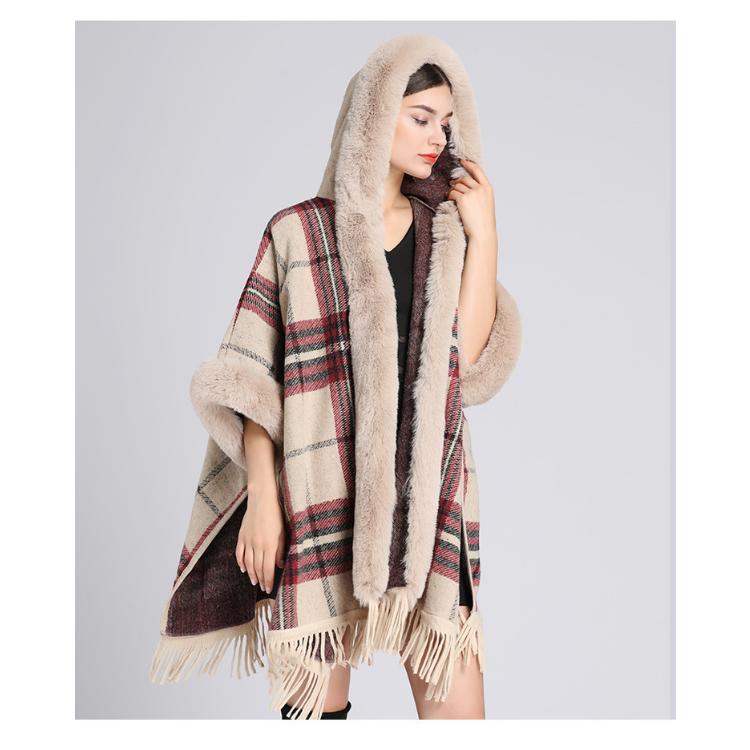 Зимняя женская шаль-накидка, куртка с меховым воротником, шаль с капюшоном, твидовая куртка, кардиган большого размера