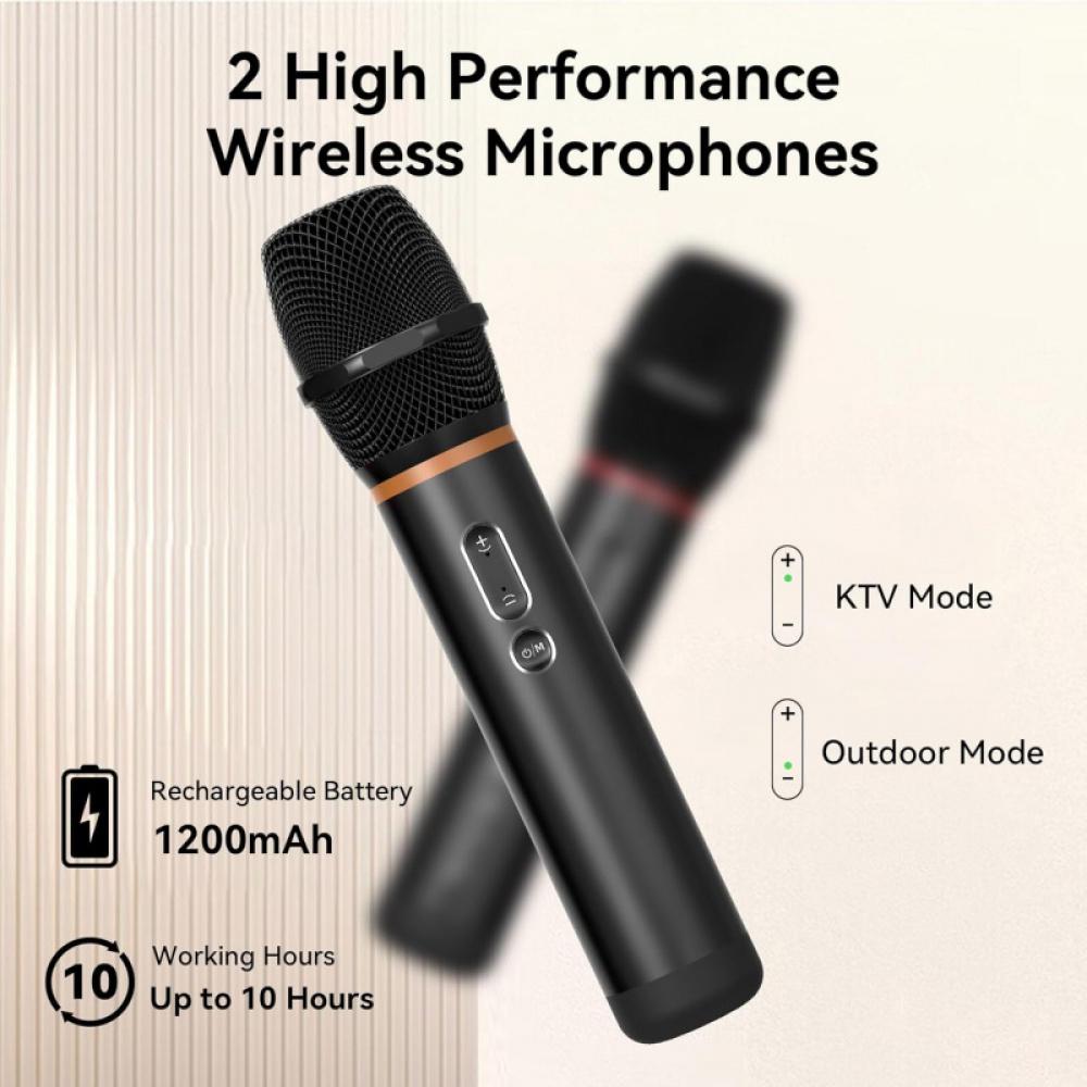 Караоке-машина с 2 беспроводными микрофонами, 5.0 Bluetooth 50 Вт динамик для взрослых и детей, ручка и RGB-подсветка, поддерживает карты памяти TF/USB/Aux In/TWS