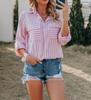 Европейская и американская женская рубашка из льна и хлопка с длинным рукавом в полоску на весну/лето
