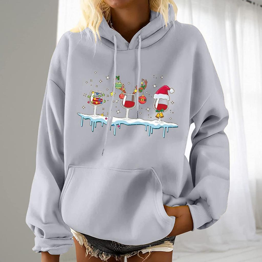 Женская мода для отдыха, рождественской вечеринки, пуловер с длинными рукавами и капюшоном с принтом, топ