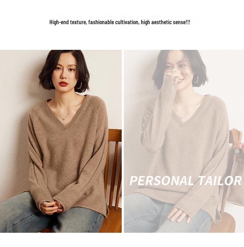 Women's V-neck Cashmere Knit Sweater: Autumn/Winter Solid Color, Loose Fit, Long Sleeve, Casual Slimming.