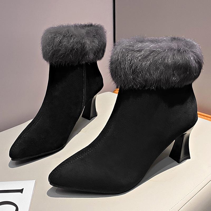Ботильоны женские меховые замшевые с острым носком на высоком каблуке дизайнерская обувь 2025 года тренд новый бренд модные зимние туфли-лодочки готические Botas De Mujer