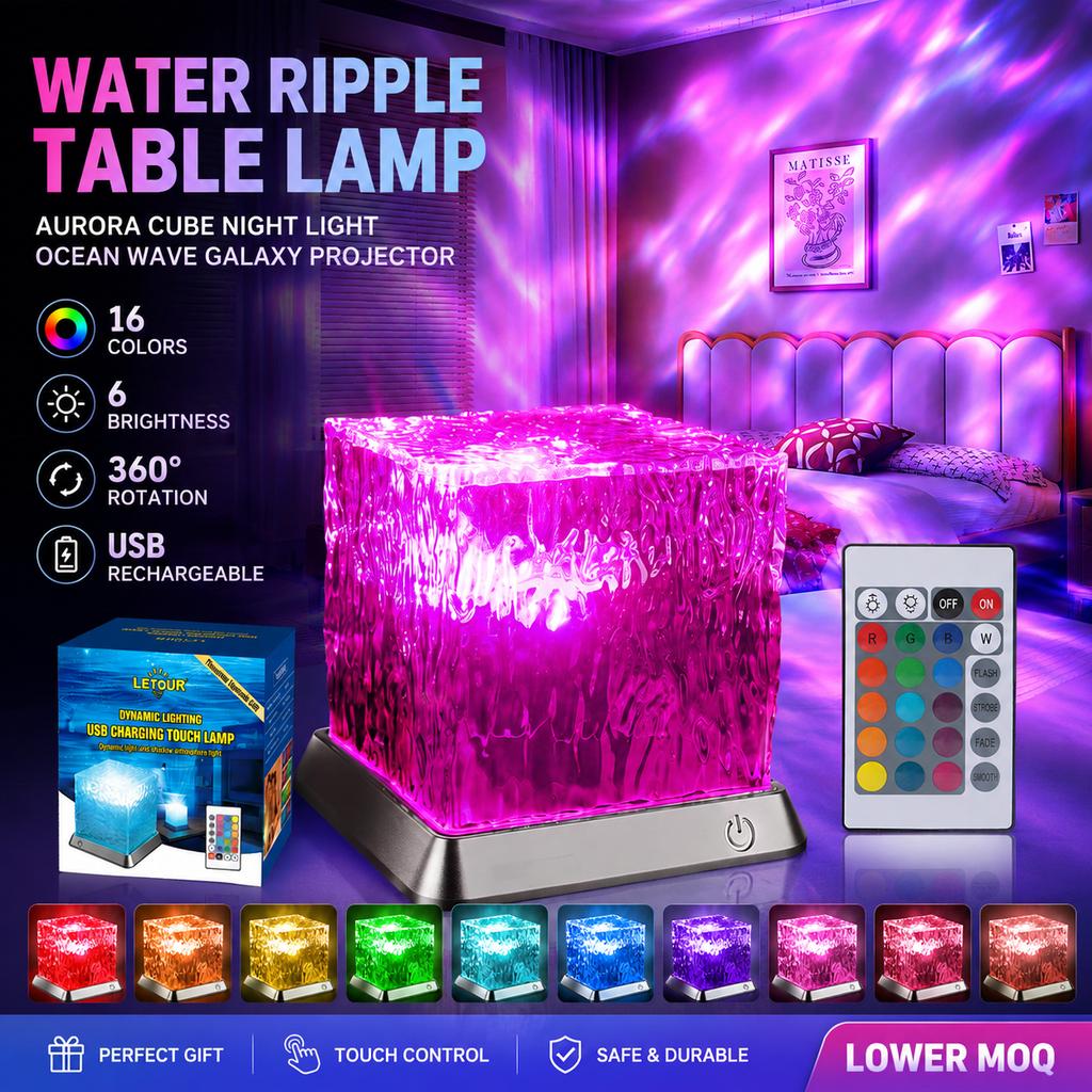 ODM USB Rechargeable Home Water Ripple Night Light RGB Aurora Projector Lamp 16 Colors Remote Control Modern Design Atmosphere