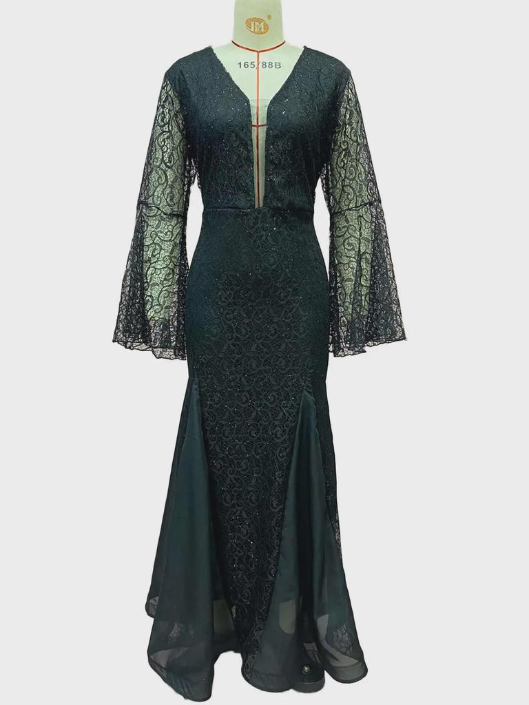 Элегантное черное вечернее платье с кружевом «рыбий хвост» — летняя коллекция 2025 г.