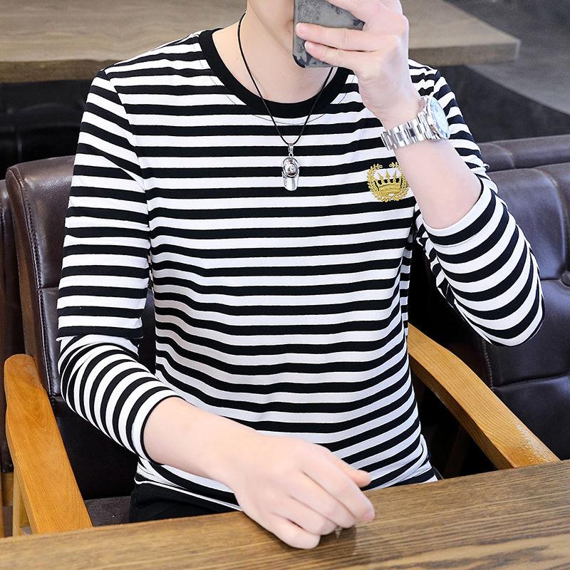 Мужская одежда Весна Осень Пуловер с круглым вырезом Длинный рукав Геометрическая вышивка Полосатая Контрастный цвет Футболка Повседневные топы