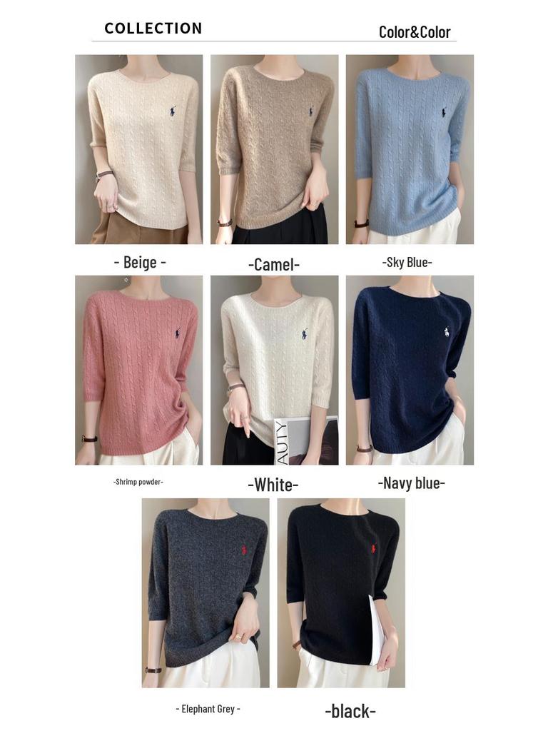 Классический женский свитер крупной вязки - Осенний с круглым вырезом и облегающим дизайном рукава пять восьмых