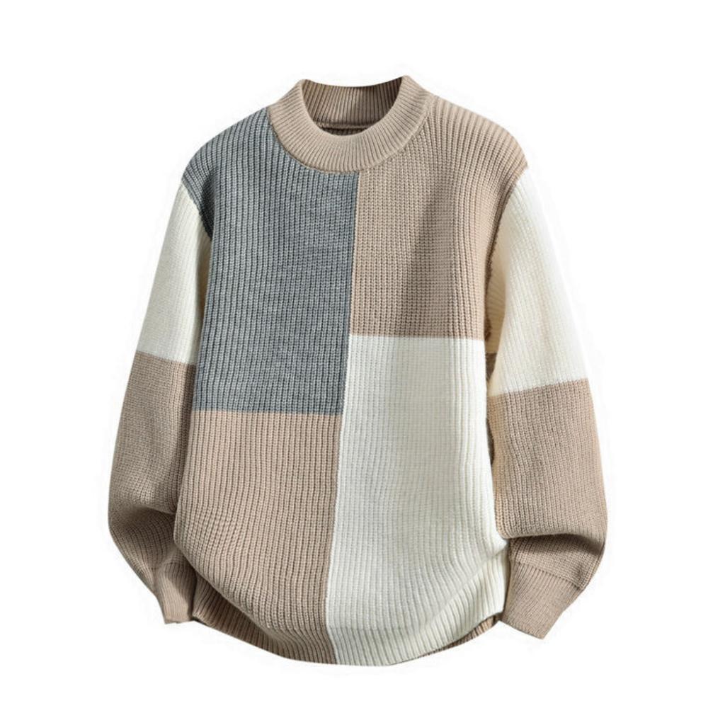 Men's Casual Loose, Color-blocking And Color-blocking Sweater, Knitted Long-sleeved Round-neck Sweater Top