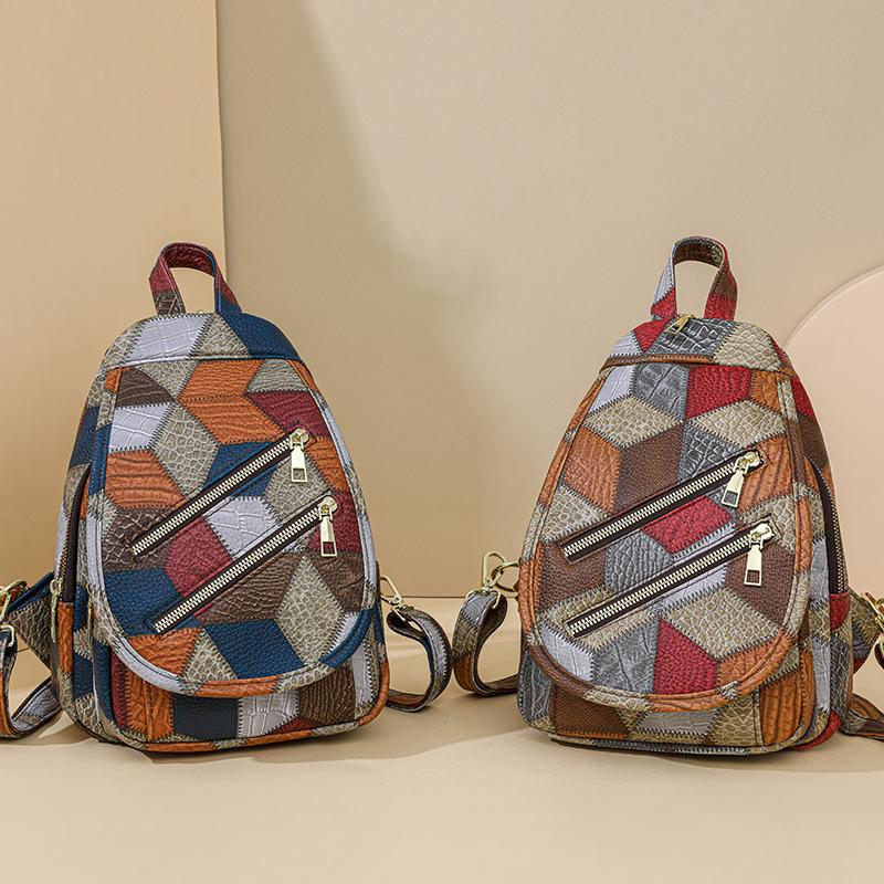 Нагрудная сумка с цветными блоками, женский рюкзак из мягкой кожи, уличный дорожный рюкзак с двойной молнией