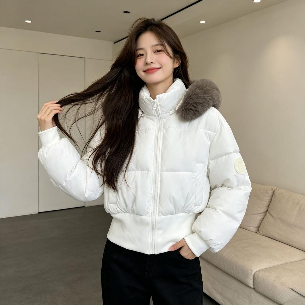 Winter new American short waist thin cotton coat women's small high waist big fur collar cotton coat batch