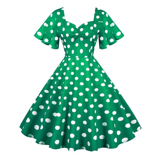 Women Evening Dress Retro Color Matching Dot Print A-line V Neck Big Swing Short Ruffle Sleeves Tight High Waist Back Zipper Party Prom Midi Dress