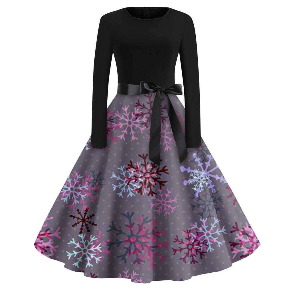 Женская мода с круглым вырезом, повседневные тонкие рождественские платья с длинным рукавом и принтом