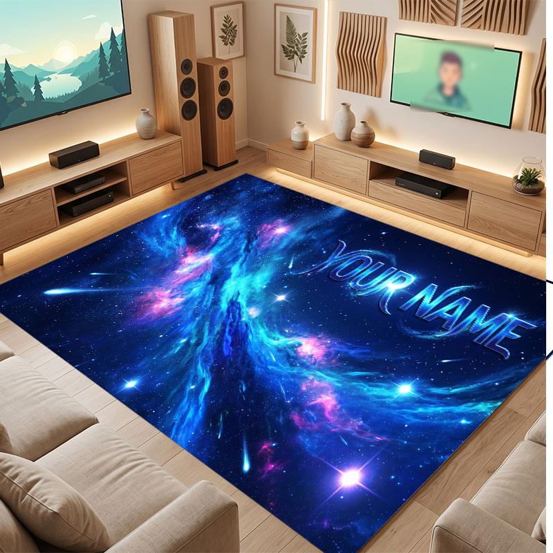 Space Cosmic Theme Crystal Velvet Floor Rug Personalized Custom Name Text Warm Carpet Home Decoration