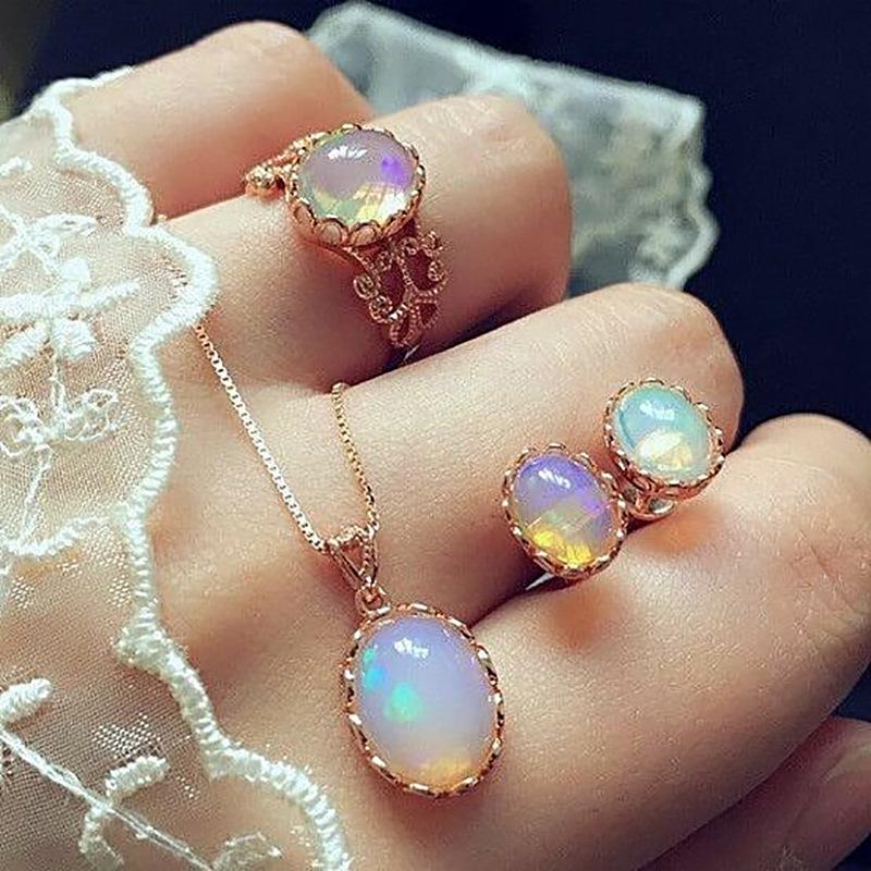3 Pcs/set of Natural Opal Jewelry Set Crystal Gemstone Pendant Necklace Earrings Ring Set