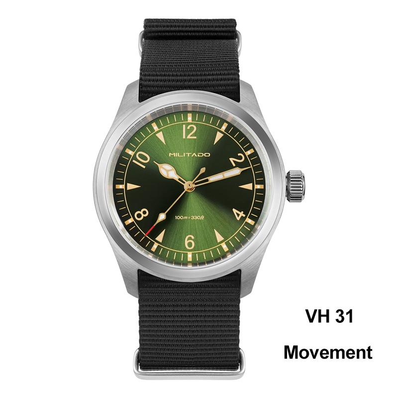 Мужские военные часы Militado ML08 с механизмом Ronda 515, сапфировым стеклом, люминесцентными метками, в винтажном стиле, водозащитой 10 Бар, из нержавеющей стали