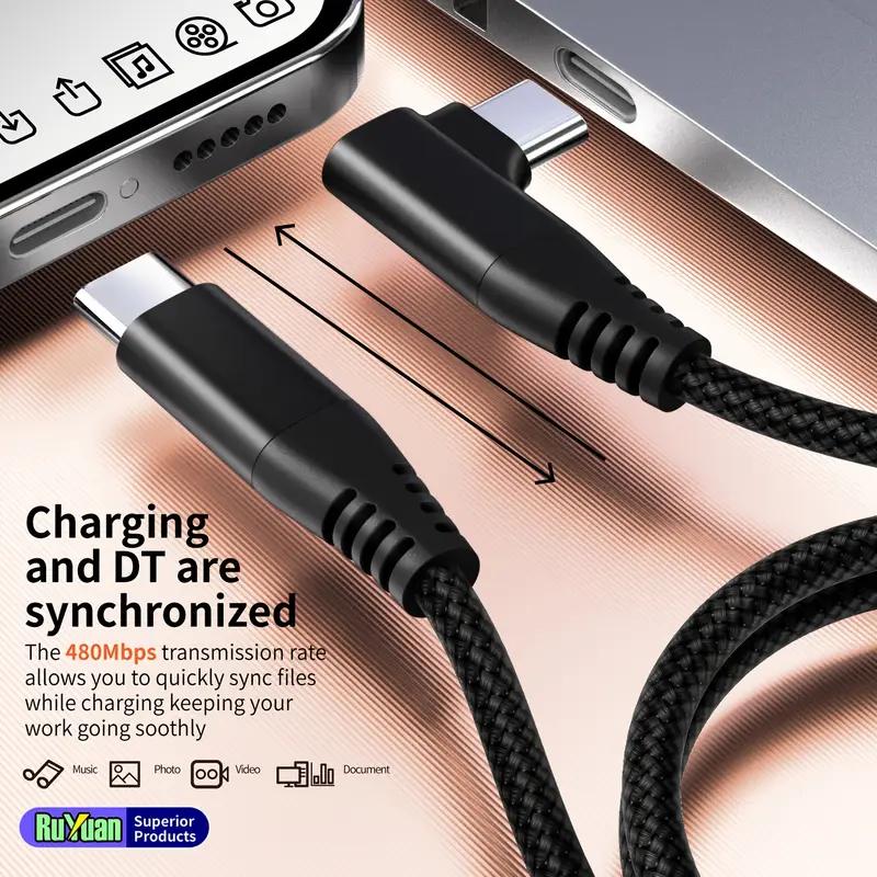 60 Вт 3A USB-C на Type-C кабель для быстрой зарядки в оплетке, изогнутый под прямым углом 90 градусов для iPhone 15 Plus Pro Max Android для iPad