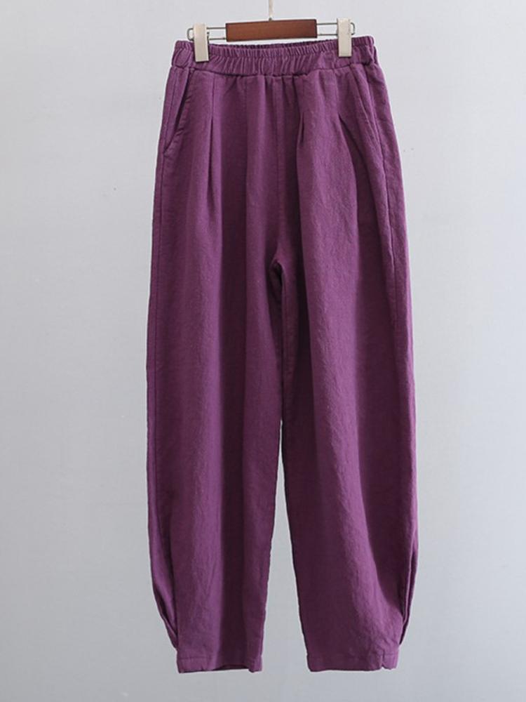 Johnature Women Loose Cotton Linen Casual Pants Solid Color Elastic Waist Lantern Pants Spring Female Trousers