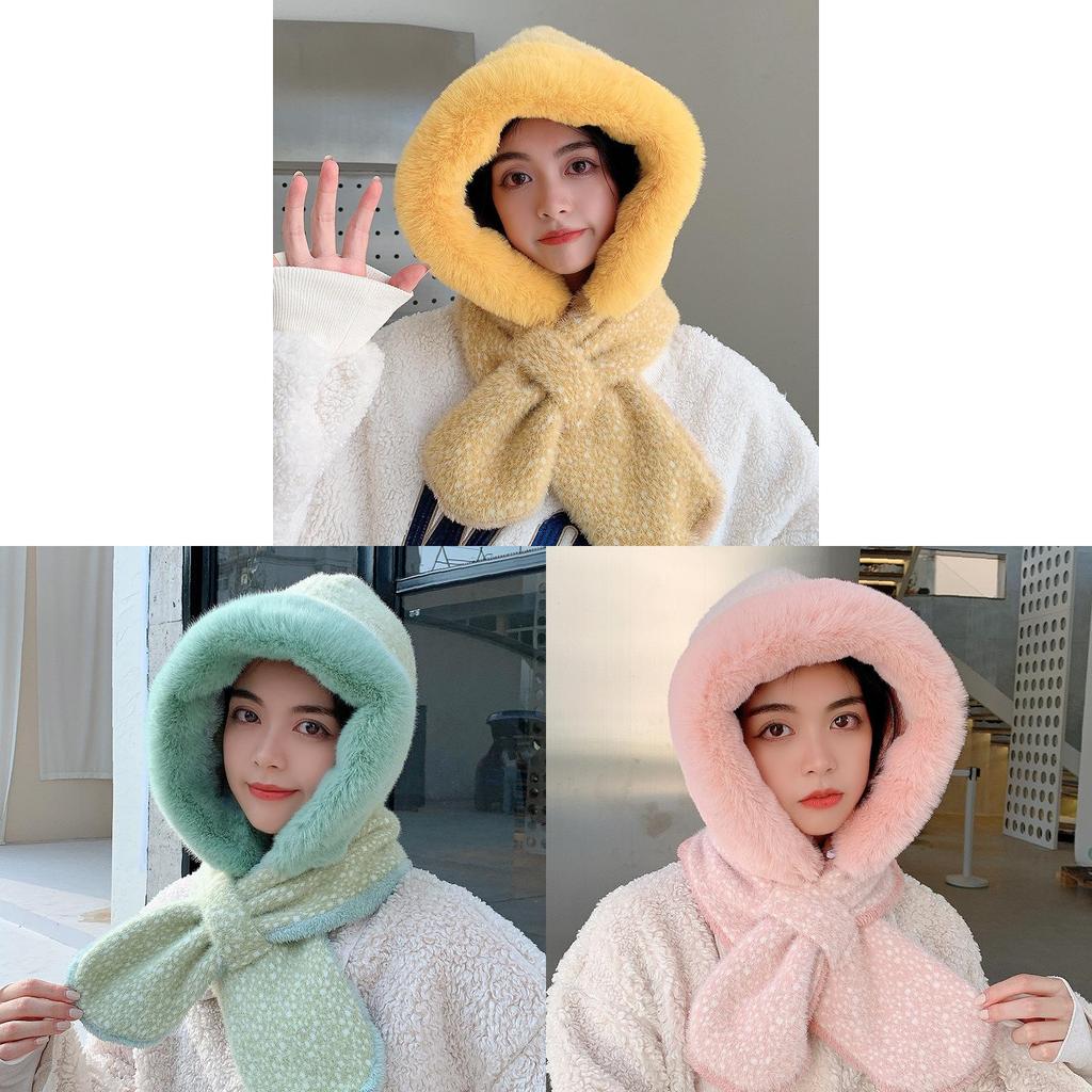 Winter Plush Hat With Scarf For Adults Pure Color Cozy Windproof Korean Style