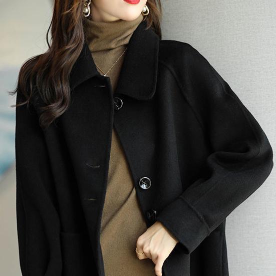 Women Winter Overcoat Turn-down Collar Pockets Pure Color Single-breasted Cardigan Loose Fit Coat Thermal Long Sleeves Commuting Dating Winter Coat