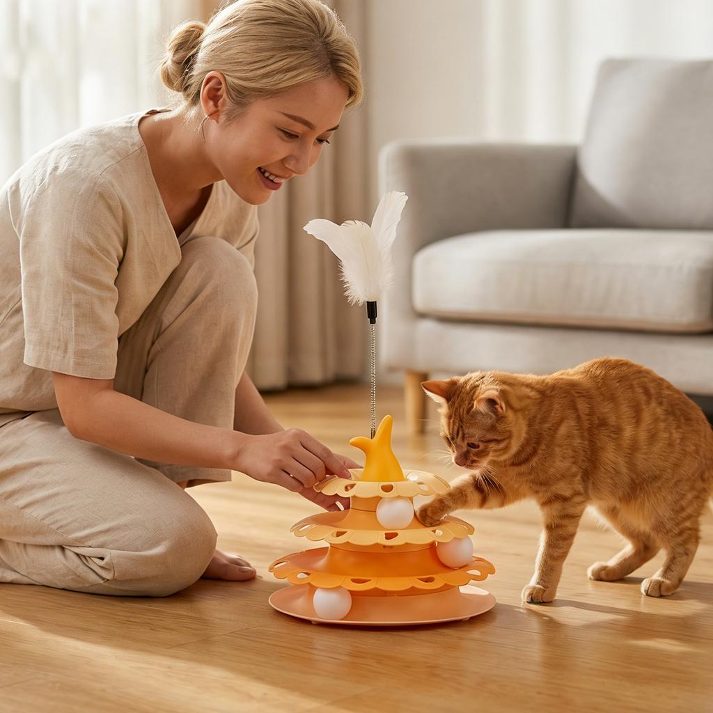 Interactive Cats Turntable Toy With Feather Wand, Multi-Layer Track Puzzle Toy For Indoor Cats, Self-Entertainment & Boredom Relief