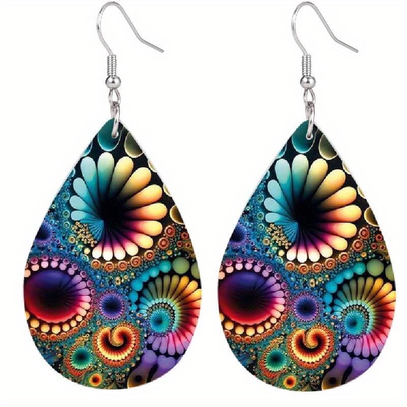 Bohemian Style Colorful Kaleidoscope Mandala Pattern Tears Earrings Lightweight Fashion Waterdrop Shape PU Leather Earrings
