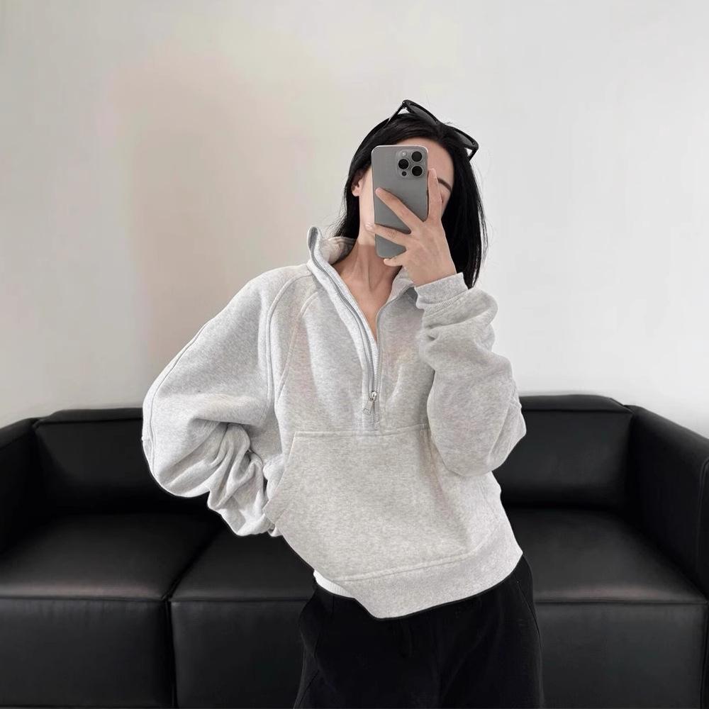 Semi-zipper Short Sweatshirt for Women In Spring, Autumn and Winter New Polo Stand Collar Pullover Loose American Sports Top