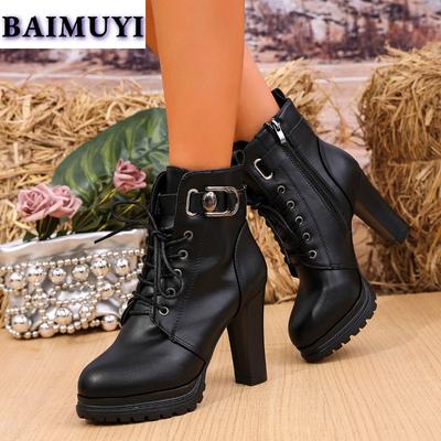 Женские ботильоны на высоком каблуке, зимние туфли «Челси» на платформе, тренд 2024 года, меховые зимние теплые женские туфли класса люкс на шнуровке в готическом стиле Botas Mujer