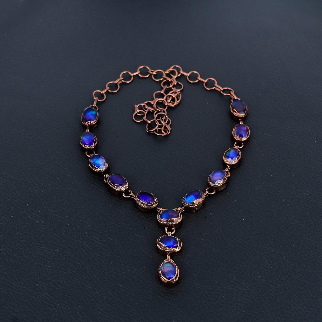 Ammolite Necklace Gemstone Jewelry, Copper Electroformed  Necklace, Adjustable Handmade Chain Necklace Gift For Wife Jewelry