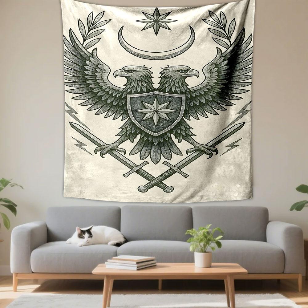 "Dual-Headed Eagle Emblem with Shield" Patterned Tapestry Decorative Wall Hanging, Home Bedroom Living Room Decor