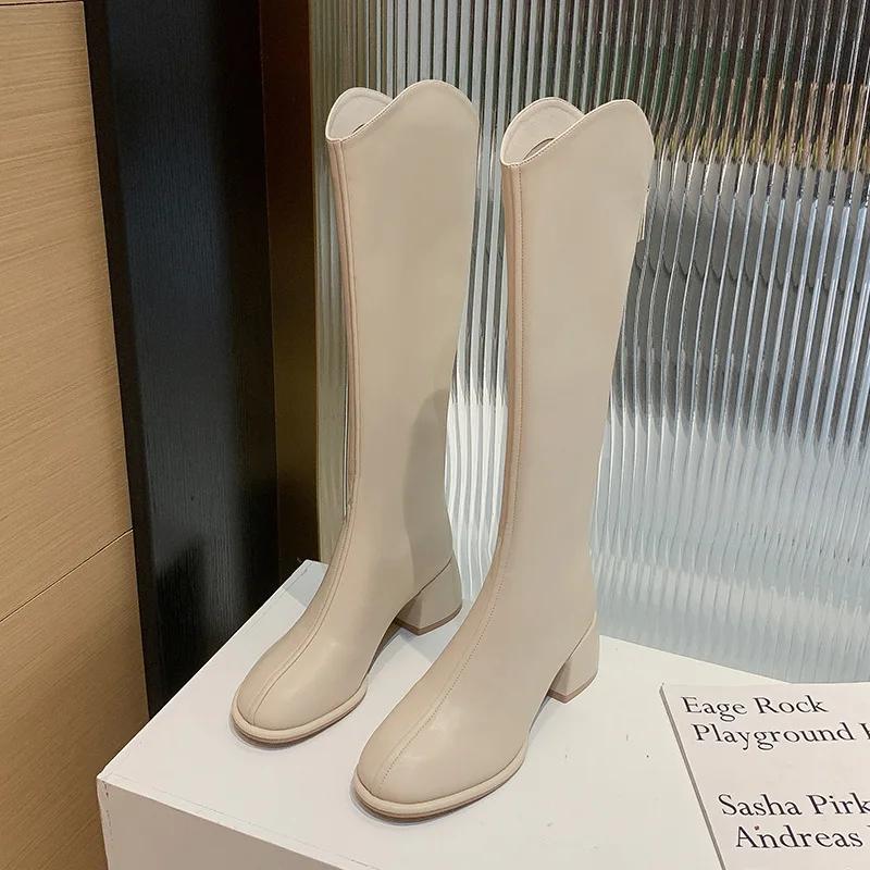 2025 Fashion Women‘s Boots Soft Leather Knee High Boots Women Zipper Female Square Heel Woman Shoes Autumn Winter Knight Boot PU