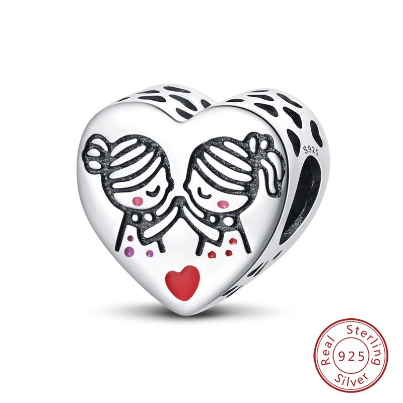 100% 925 Silver Sisters Best Friends Series Charms Pink Heart Rose Beads Fit Qikaola Bracelet DIY Birthday Jewelry Gift