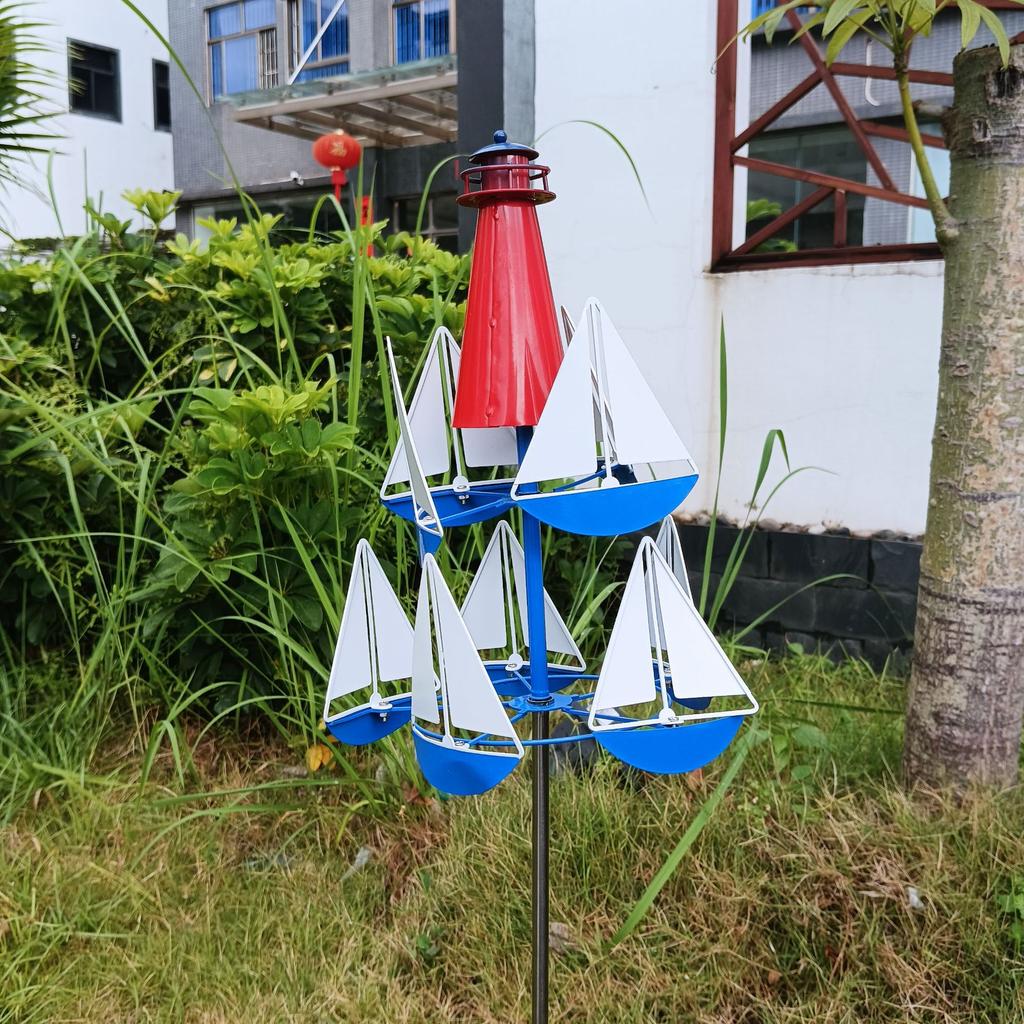 Outdoor Nautical Sailboat Lighthouse Windmill Modeling Garden Windmill Kinetic Art Metal Wind Chime 3D Decoration