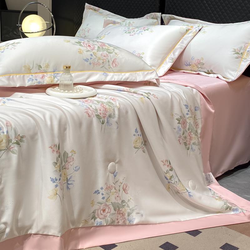 Summer Cool Tencel Quilt Set 4 Piece Includes Summer Blanket Bed Sheet Two Pillowcases Silk Lightweight Quilt For Double Twin Size