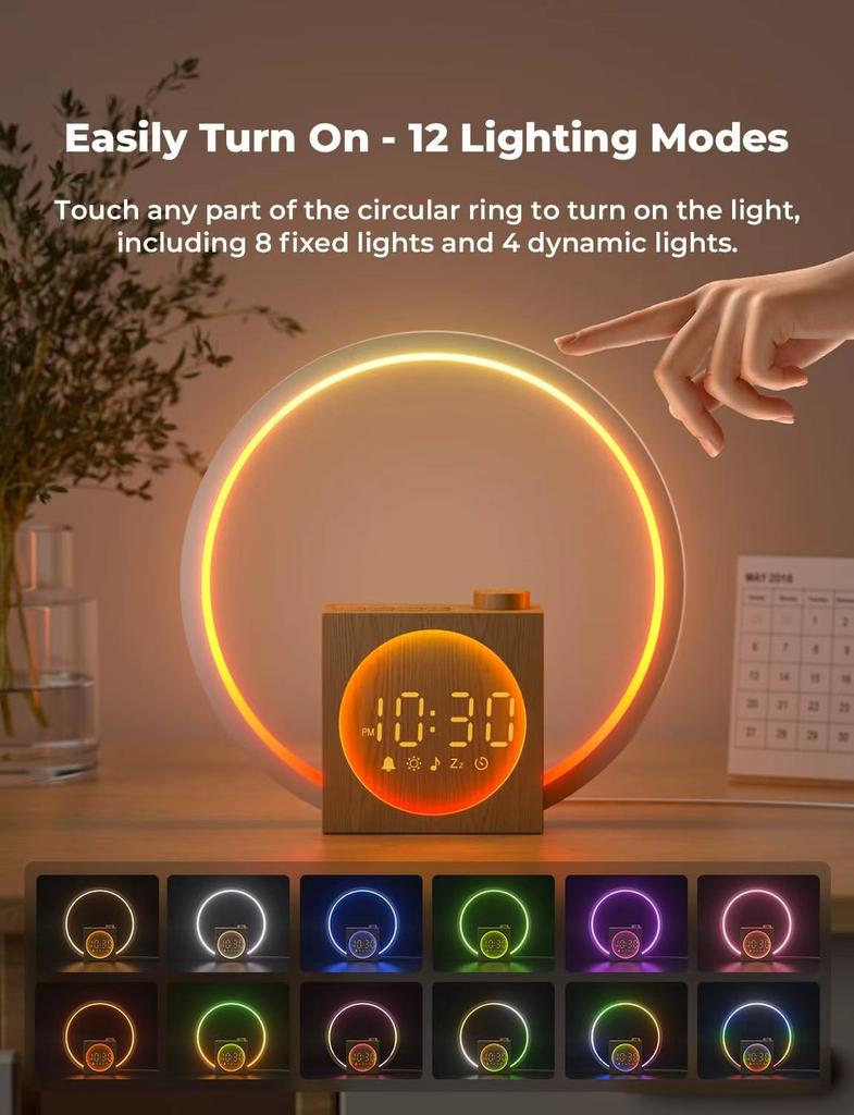 USB Charging RGB Sunrise Smart Table Clocks 12 Light Modes with White Noise Wake-Up Alarm Wood-Grain Finish Speakers